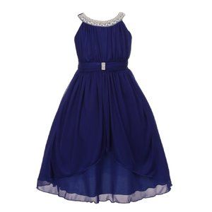 Little Girls Chiffon Beaded Neck Trim Design Easter Flowers Girls Dresses Royal